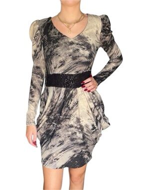 Rinascimento Grey/Black V-Neck Long Sleeve Puff Shoulder Mini Dress (XS)